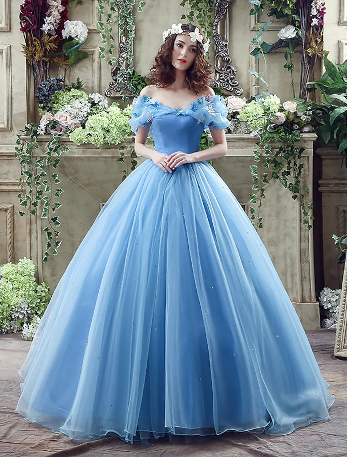 Ballkleid Abendkleid Sexy Kleid Quinceanera Kapelle Schleppe Kurzarm Off Shoulder Satin mit Applikationen